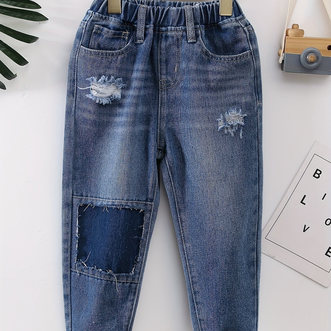 Boys Casual Ripped Patched Denim Long Pants With Pocket Kids Clothing