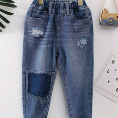 Boys Casual Ripped Patched Denim Long Pants With Pocket Kids Clothing
