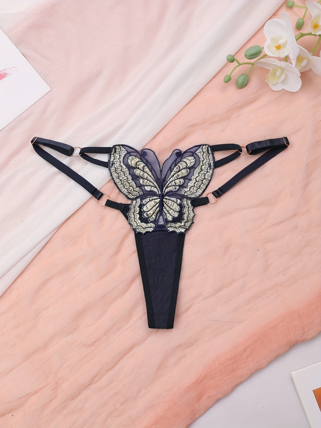 Sexy Butterfly Embroidery Thongs Low Waist Panties