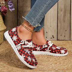 Women's Winter Snow Boots Snowflakes & Plaid Print Non Slip Lace up Shoes