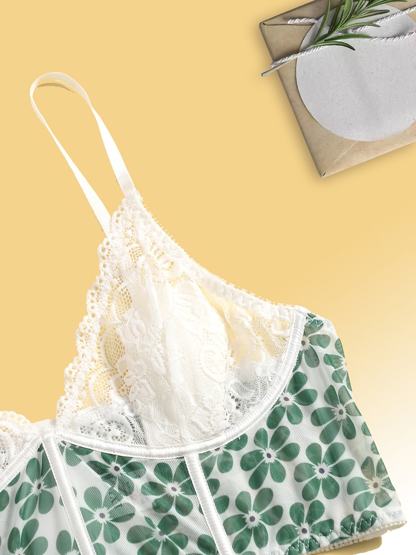 Floral Print Lace Bustier Semi Sheer Bra Cami Top