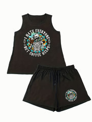 Halloween Sunflower Skull Print Tank Top & Shorts Set