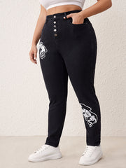 High Rise Skinny Jeans with Skull Rabbit Print