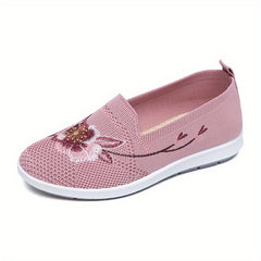 Women's Floral Embroidery Slip-On Flats Breathable Knitted Shoes