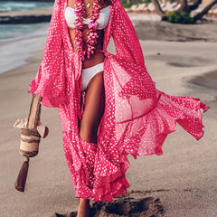 Dot Print Ruffle Trim Cover Up Dress With Belt