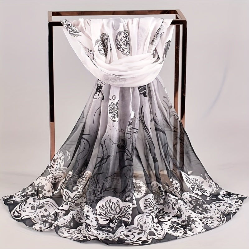 Vintage Leaf Print Chiffon Scarf Thin Shawl Breathable Gauze Head Wrap