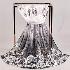 Vintage Leaf Print Chiffon Scarf Thin Shawl Breathable Gauze Head Wrap