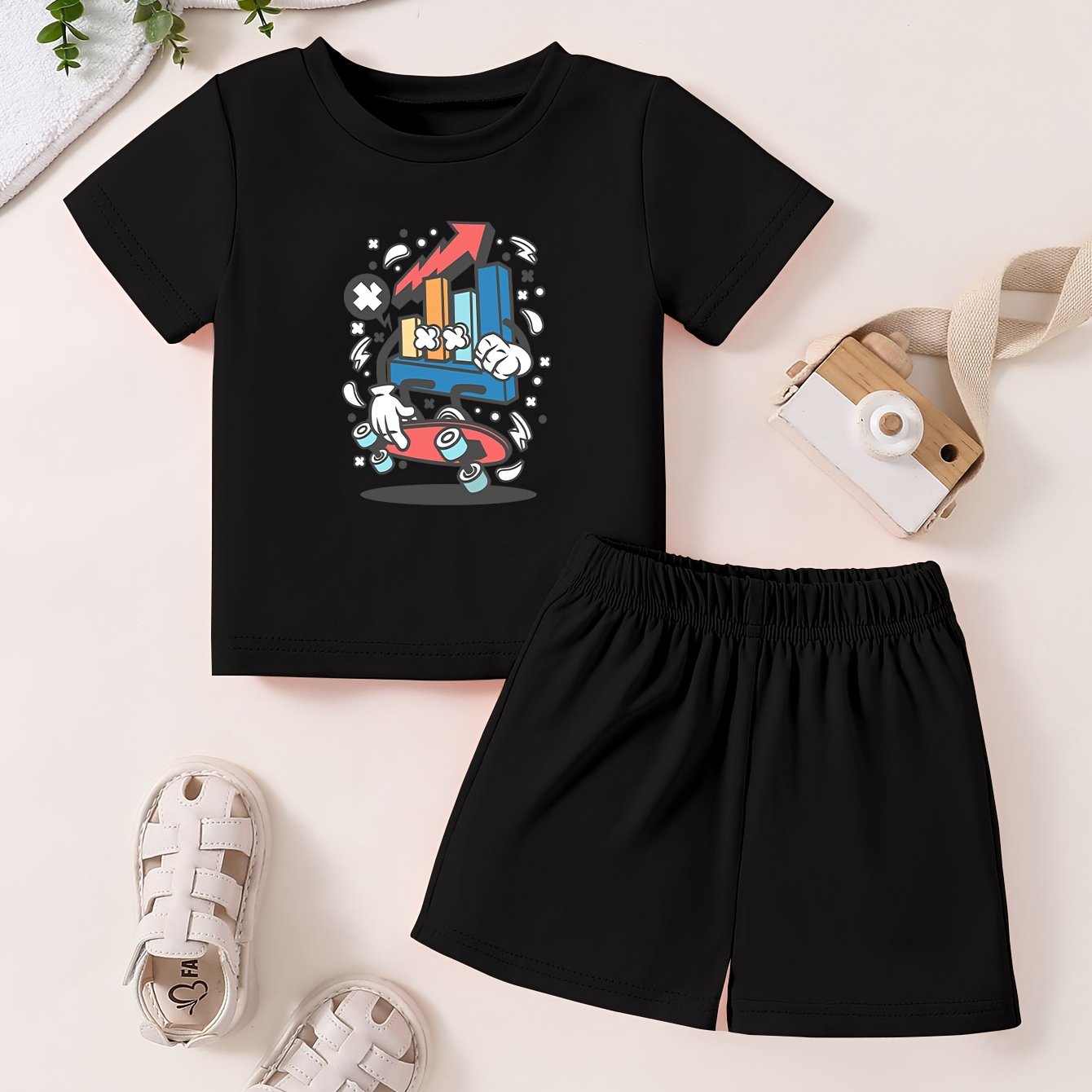 Toddler Kid Short Sleeve T shirt & Matching Shorts Cartoon Pattern Cotton