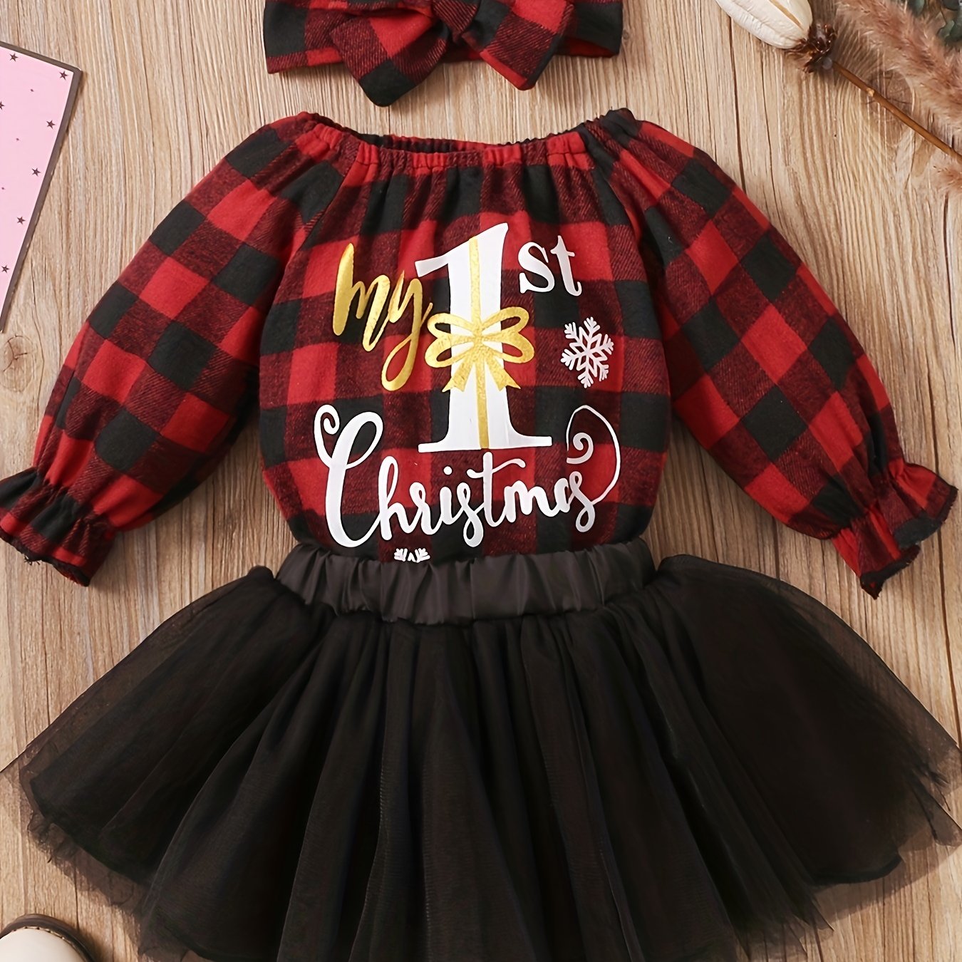 3pcs Baby Girls My 1st Christmas Plaid Romper & Tutu Set