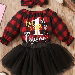 3pcs Baby Girls My 1st Christmas Plaid Romper & Tutu Set