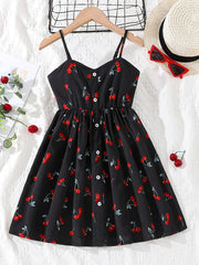 Girls Cherry Graphic Button Cami Princess Dress