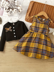 Toddler Girl's Plaid Dress & Cardigan Set for Spring Autumn Christmas