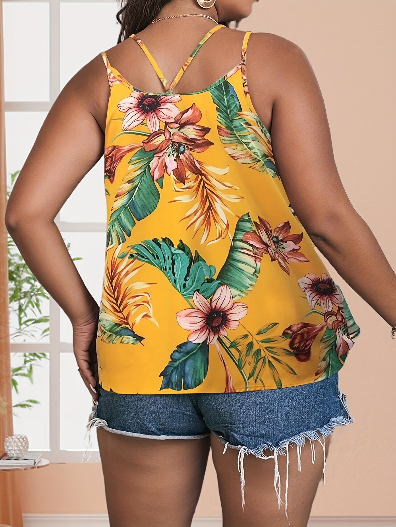 Vacay Cami Top Women's Plus Tropical Print Split Strap V Neck
