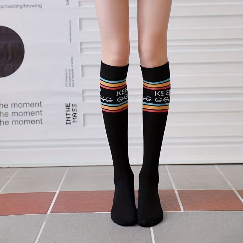 3 Pairs Letter Print Striped Socks Knee High College Style Stockings
