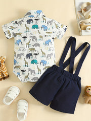 2pcs Baby Boys Plaid Bowtie Onesie & Suspender Shorts Set