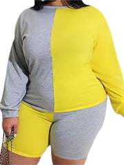 Colorblock Long Sleeve Tee & Skinny Shorts Set Plus Size