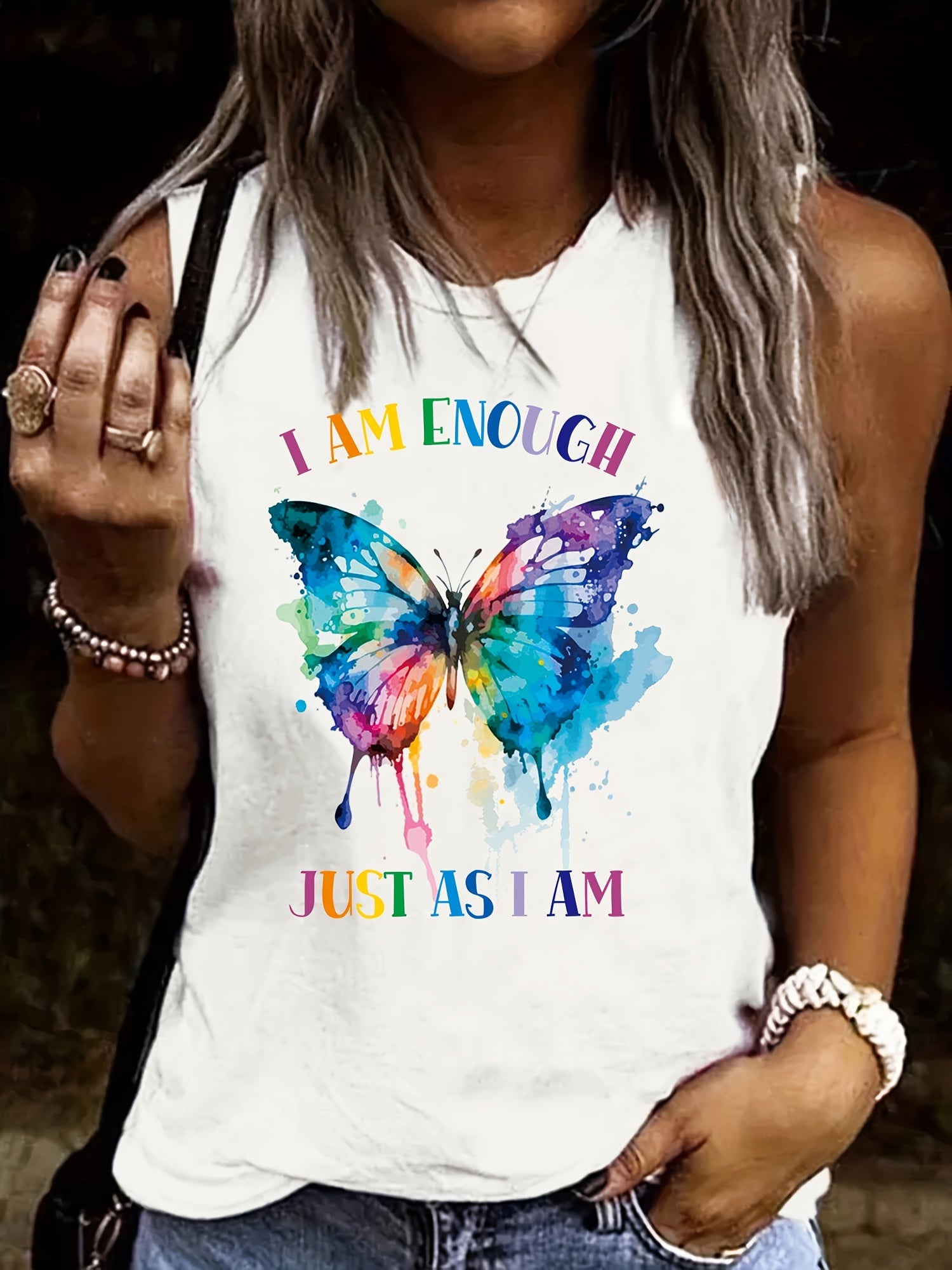 Butterfly Print Tank Top Sleeveless Crew Neck Casual Top