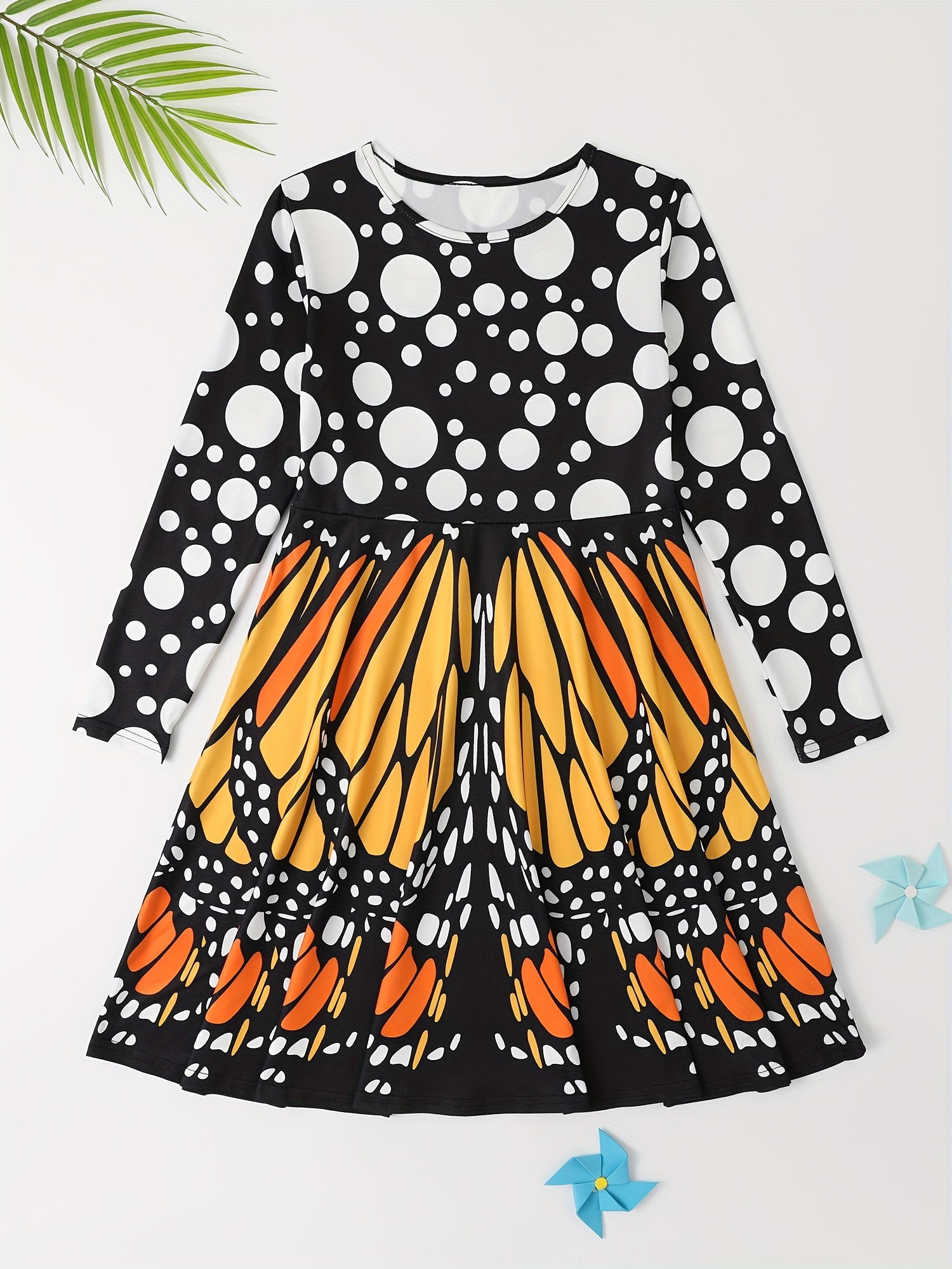 3D Butterfly Print Crew Neck Long Sleeve Dress Girls