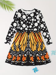 3D Butterfly Print Crew Neck Long Sleeve Dress Girls