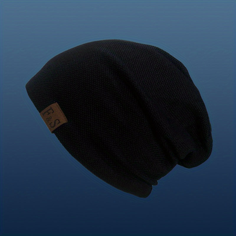 Label Patch Slouchy Beanie Lightweight Skull Cap Elastic Knit Hat