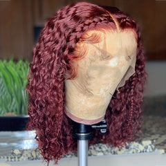 Burgundy Short Curly Bob Human Hair Wigs 180 Density Lace Frontal Wigs