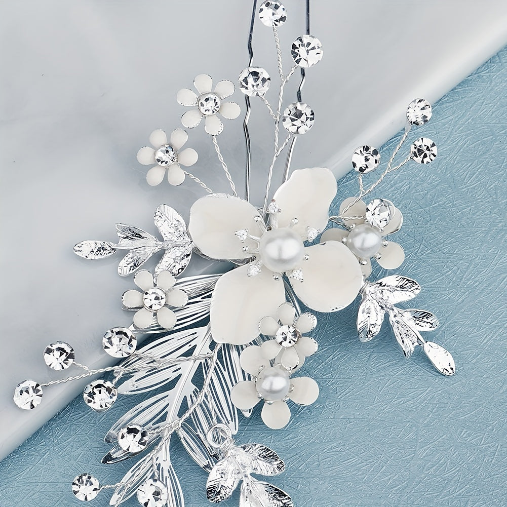 Flower Charm Hair Pin Rhinestone & Pearl Headwear Bridal Wedding Accessory