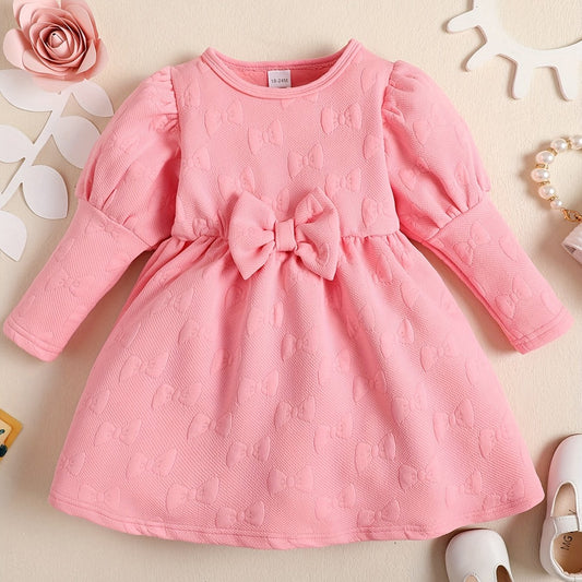 Girls' Bows Textured Puff Long Sleeve Princess Dress