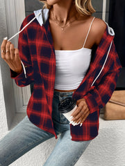 Plaid Print Hooded Jacket Casual Drawstring Long Sleeve