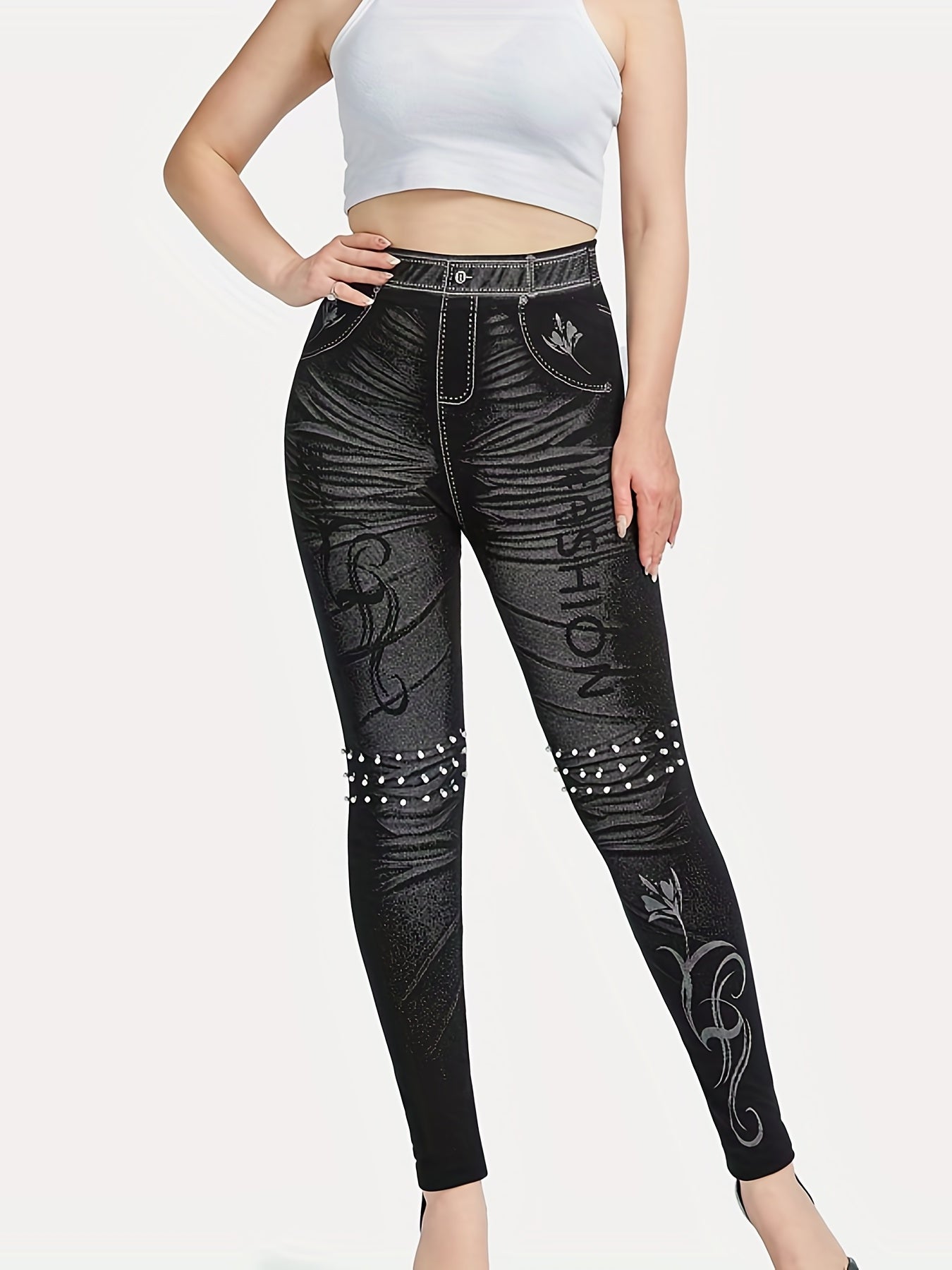 Denim Print Skinny Leggings Casual Stretchy Leggings