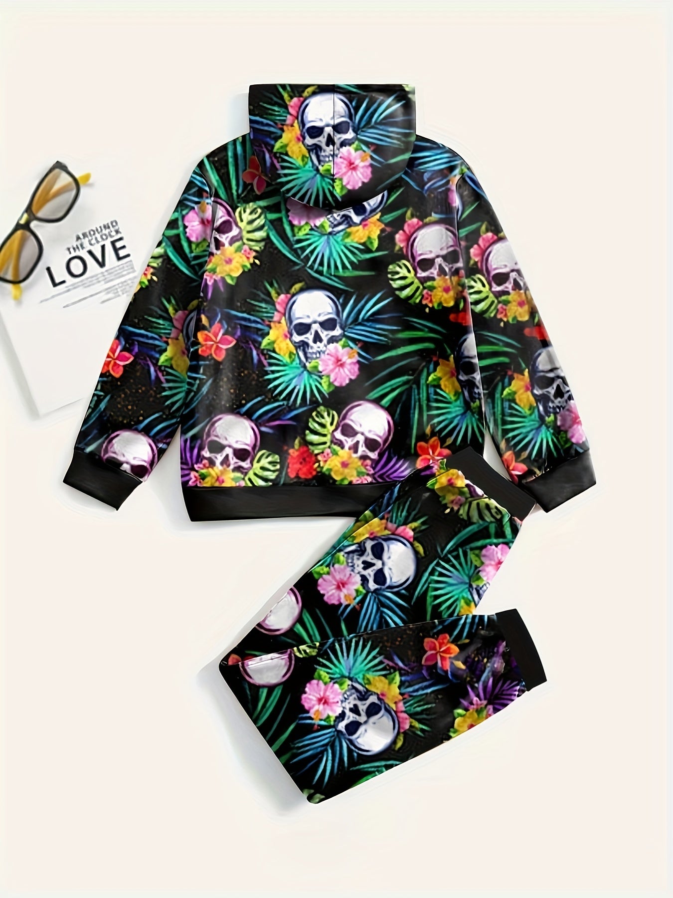 Skull & Flower Graphic Hoodie Jogger Pants Set Kids Halloween Costume