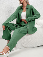 Solid Striped Two piece Set Button Front Shirt & Wide Leg Pants