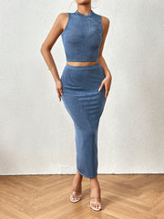 Slim Crop Tank Top & High Waist Skirt Set Women's Clothing