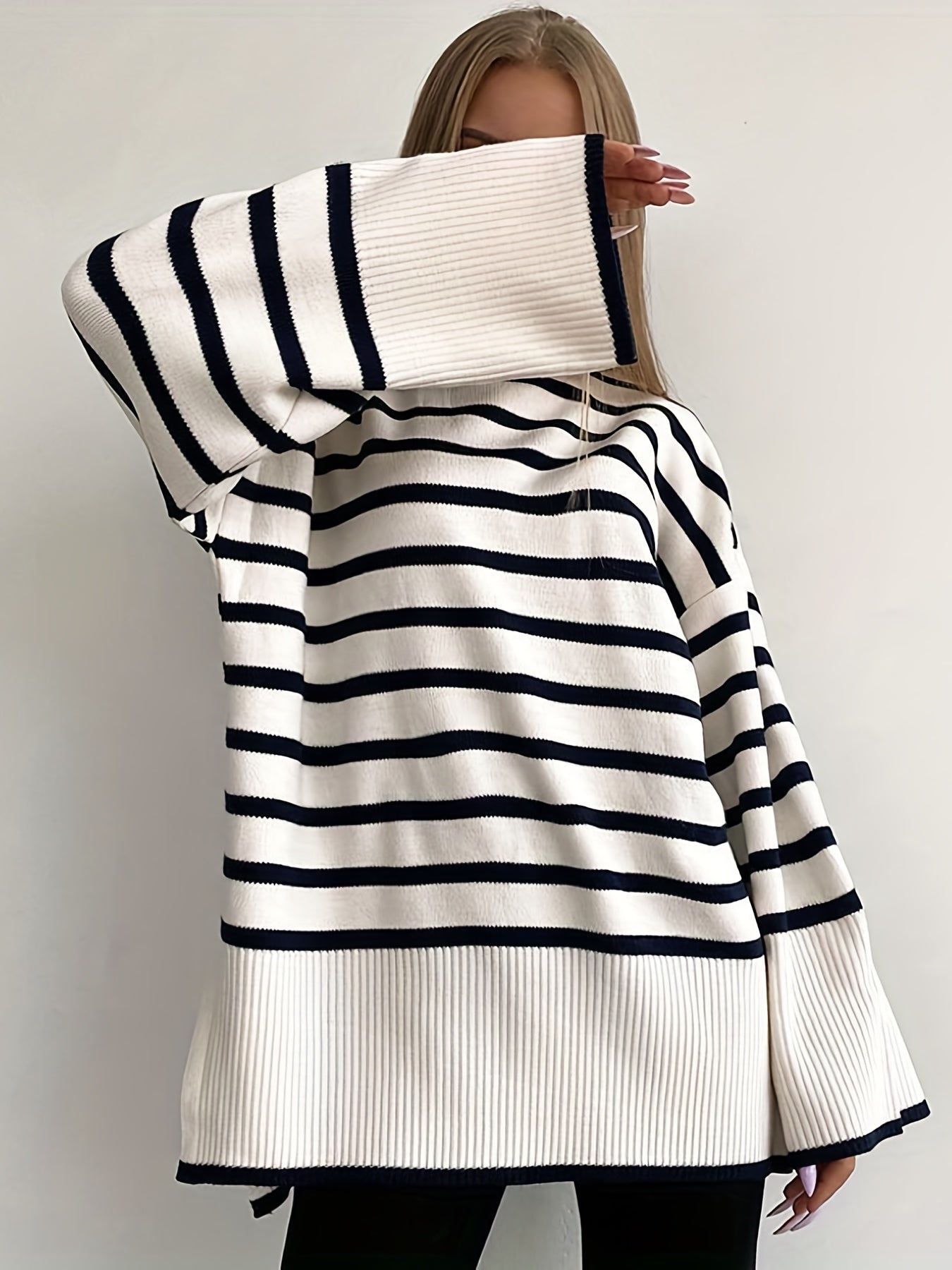 Stripe Print Long Sleeve High Neck Sweater