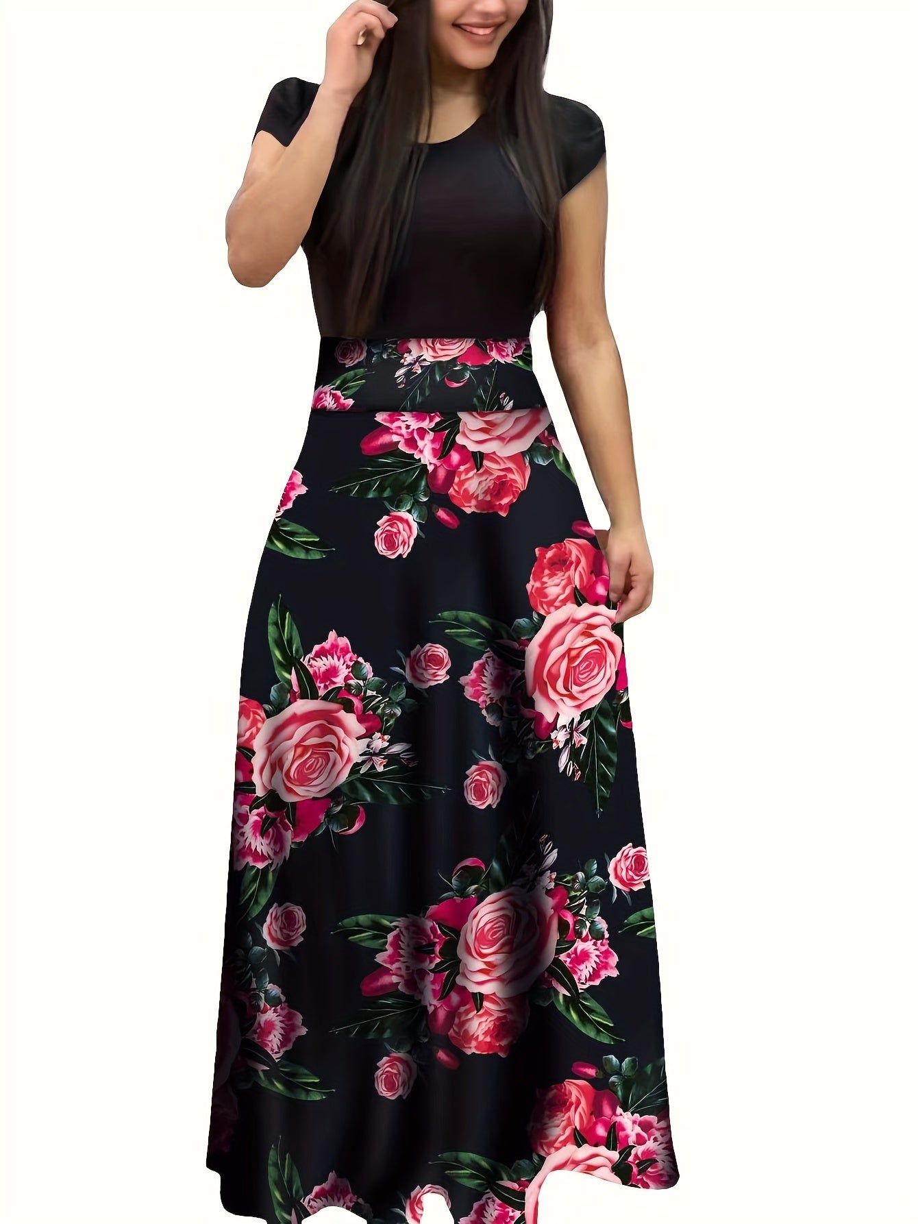 Floral Print Maxi Dress Short Sleeve Crew Neck