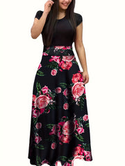 Floral Print Maxi Dress Short Sleeve Crew Neck