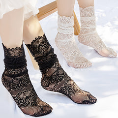 Floral Lace Mesh Ruffle Trim Slouch Socks Women's Stockings