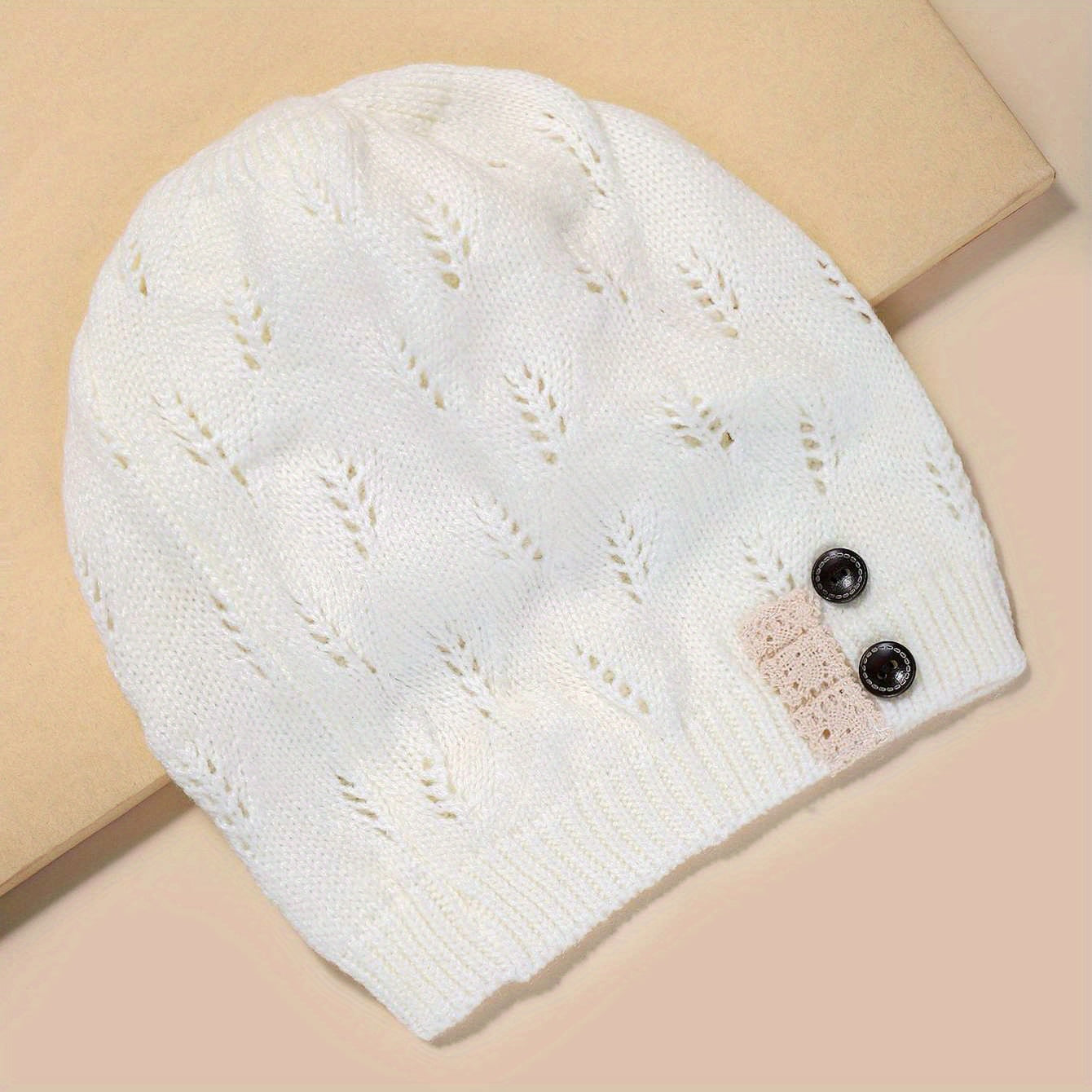 Women's Hollow Knit Beanie Hat Button Decor Warm Cap