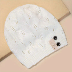 Women's Hollow Knit Beanie Hat Button Decor Warm Cap