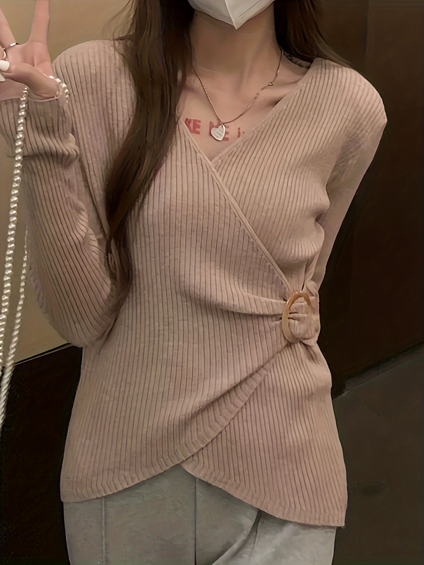 Solid Knit Sweater Casual Surplice Neck Long Sleeve Sweater Women's Clothing