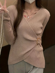 Solid Knit Sweater Casual Surplice Neck Long Sleeve Sweater Women's Clothing