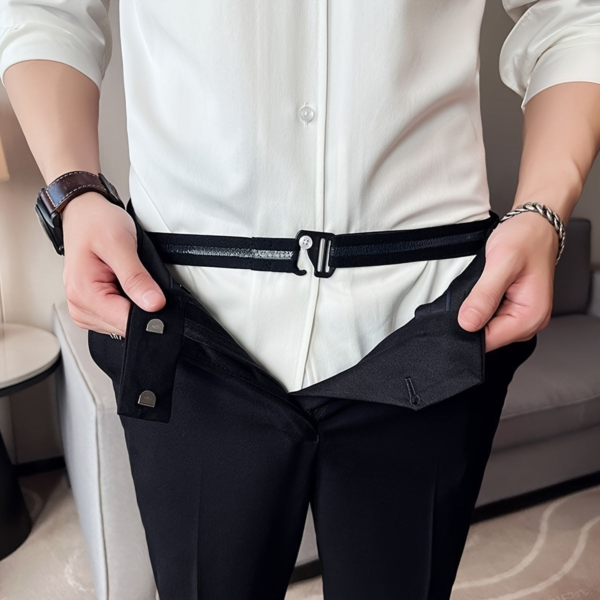 Men'S Anti Slip Elastic Waistband Adjustable Buckle Mesh Fabric Business Casual