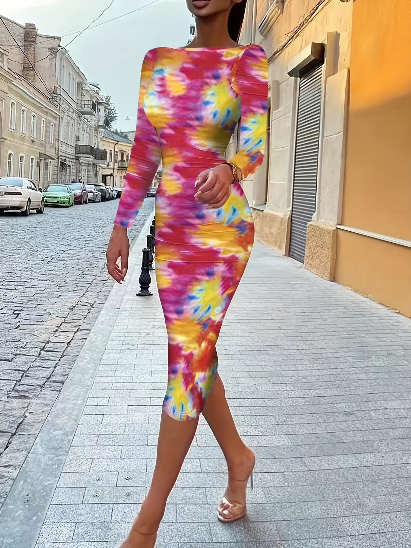 Tie Dye Print Bodycon Midi Dress Sexy Long Sleeve