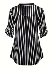 Stripe Print Half Zipper V Neck Top