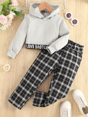 Girl's LOVE Hoodie & Plaid Pants Set for Spring Fall