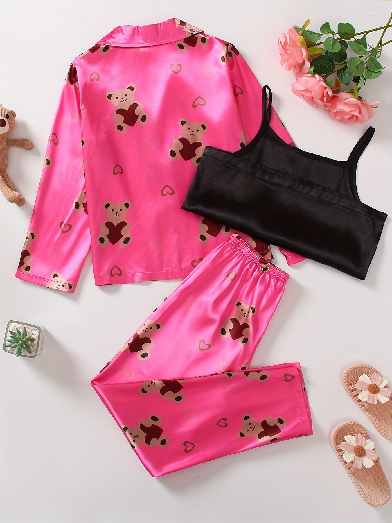 Kid's Satin Pajamas Cami Top & Button Front Top & Pants Set Bear Print PJ Set
