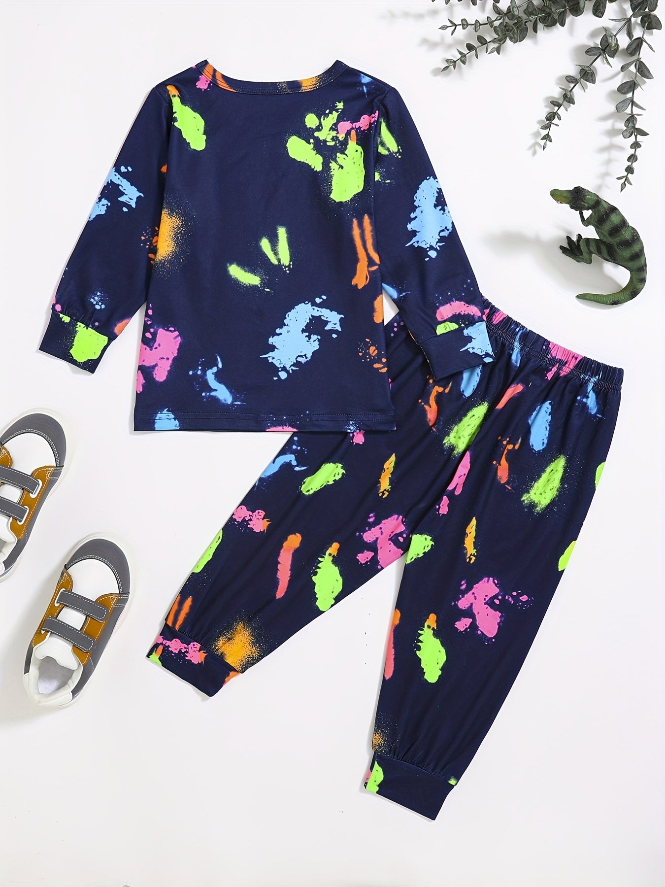 Boy's Dino Graffiti 2pcs Set Long Sleeve Top Casual Outfits For Spring Fall