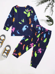 Boy's Dino Graffiti 2pcs Set Long Sleeve Top Casual Outfits For Spring Fall