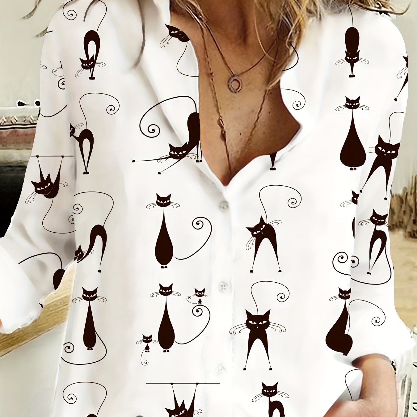 Cartoon Cat Print Button Up Long Sleeve Blouse