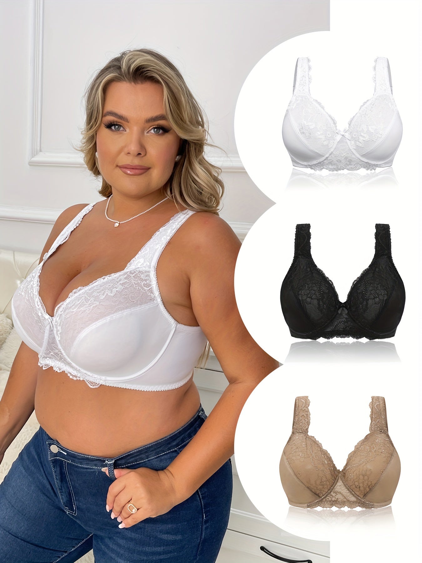 3 Pack Plus Size Lace Full Cover Underwire Bras Set