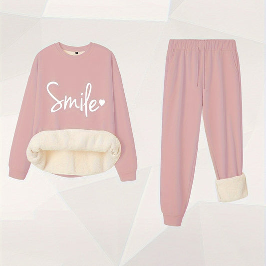 Letter & Heart Print Crew Neck Fleece Top & Joggers Outfit